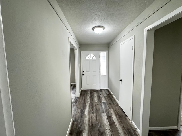 entryway featuring a textured ceiling, baseboards, and dark wood-type flooring