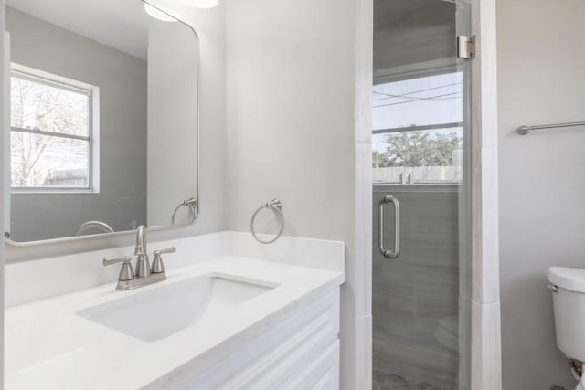 bathroom featuring vanity, a shower stall, and toilet