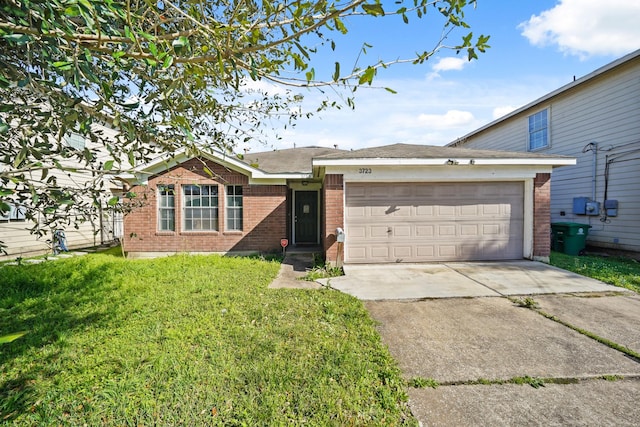 ranch-style home featuring a garage, concrete driveway, brick siding, and a front lawn