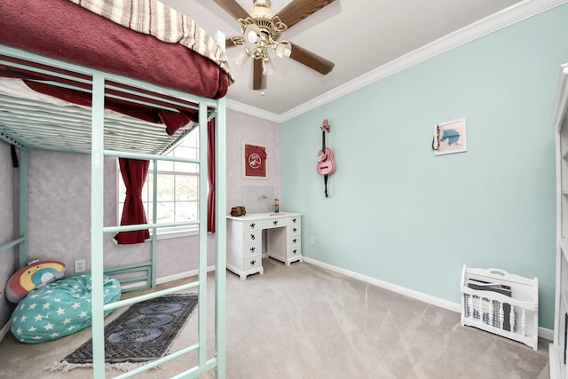 carpeted bedroom with baseboards and crown molding