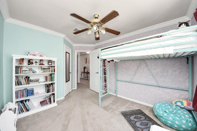 bedroom featuring visible vents, baseboards, light colored carpet, ceiling fan, and ornamental molding