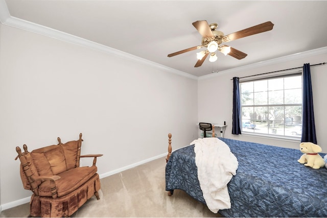 bedroom with baseboards, ornamental molding, and light colored carpet