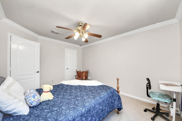 bedroom featuring carpet floors, baseboards, visible vents, and crown molding