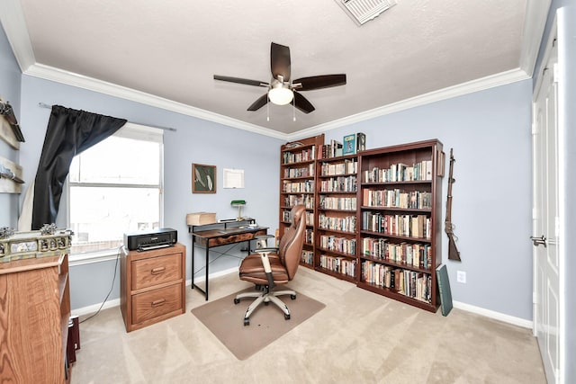 office space with visible vents, crown molding, light carpet, and baseboards