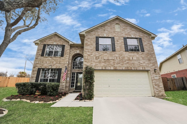 view of front of property featuring concrete driveway, brick siding, an attached garage, and fence