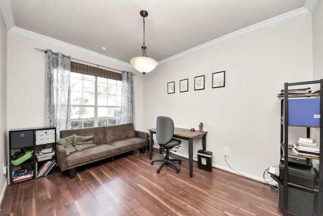 office with baseboards, dark wood-type flooring, and crown molding