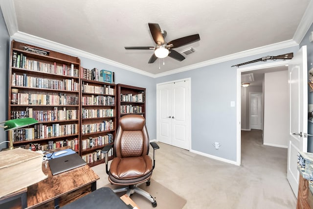 sitting room with light carpet, ceiling fan, visible vents, and crown molding