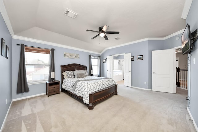 bedroom with light colored carpet, crown molding, visible vents, and multiple windows