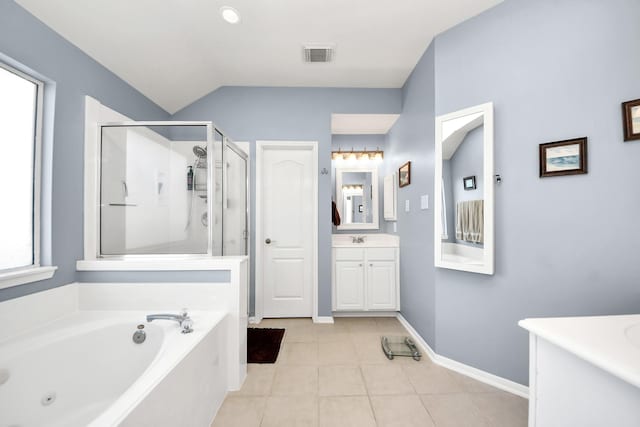 bathroom with tile patterned flooring, vanity, visible vents, a jetted tub, and a shower stall