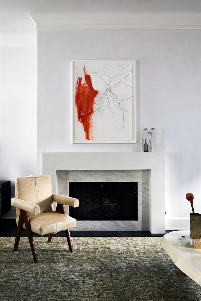 living area with a fireplace and ornamental molding