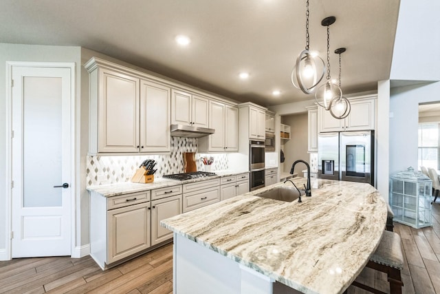 kitchen with a breakfast bar area, stainless steel appliances, light wood-type flooring, under cabinet range hood, and a sink