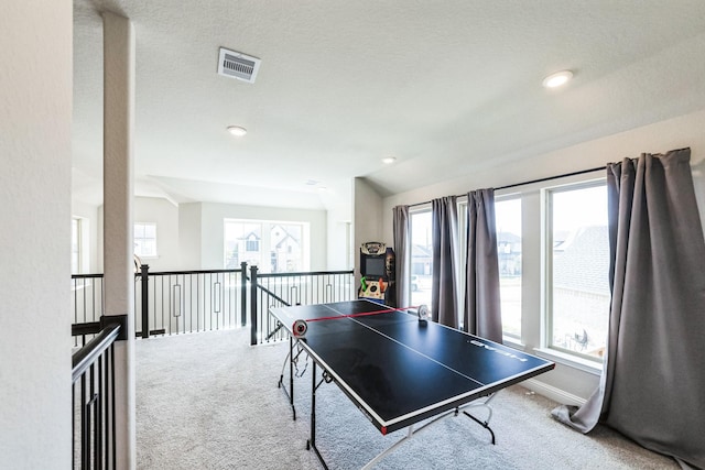 playroom featuring carpet floors, recessed lighting, visible vents, and baseboards