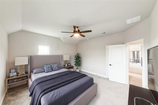 bedroom with vaulted ceiling, baseboards, a ceiling fan, and light colored carpet