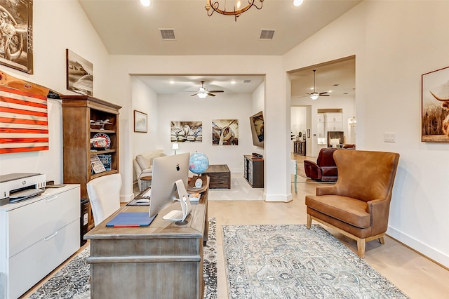 office area featuring recessed lighting, visible vents, vaulted ceiling, and baseboards