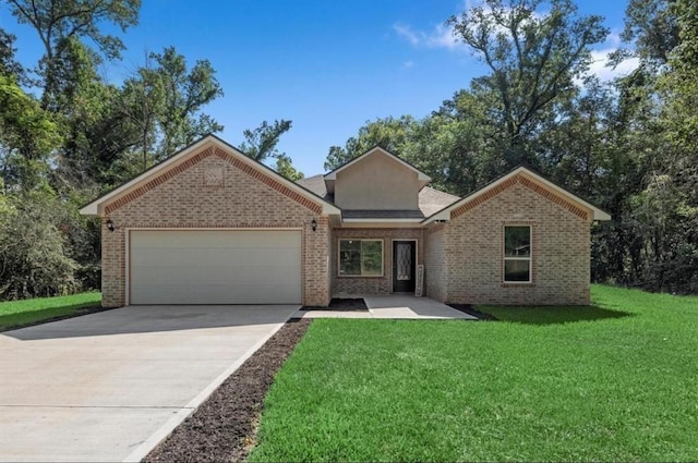 ranch-style home featuring brick siding, an attached garage, driveway, and a front lawn