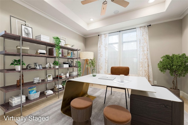 home office with recessed lighting, a raised ceiling, a ceiling fan, and crown molding