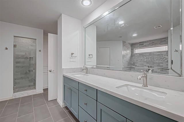 bathroom featuring double vanity, a stall shower, a sink, and visible vents