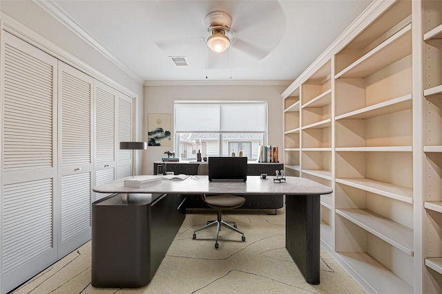 home office featuring ceiling fan, visible vents, and crown molding