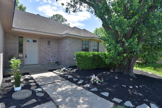 exterior space with roof with shingles and brick siding