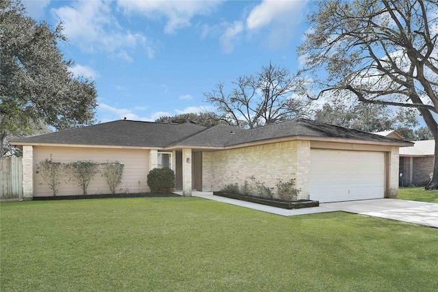 ranch-style house with a garage, a front yard, brick siding, and driveway