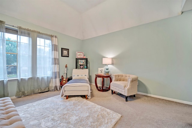 sitting room with lofted ceiling, carpet floors, and baseboards