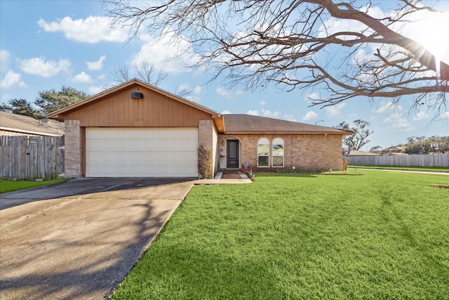 single story home featuring brick siding, a front yard, and fence