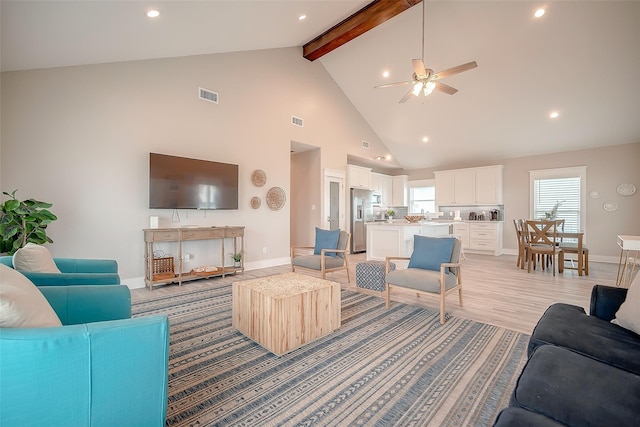 living room with high vaulted ceiling, beam ceiling, visible vents, and light wood-style floors