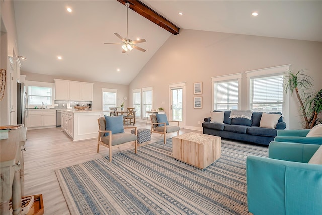 living area featuring light wood-style flooring, high vaulted ceiling, a wealth of natural light, and beamed ceiling