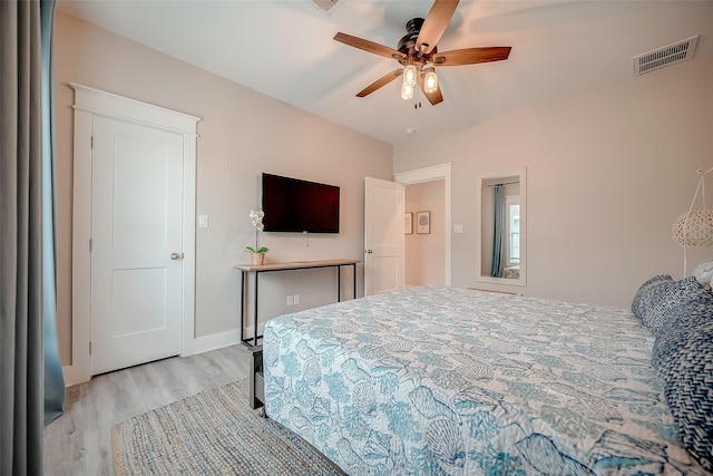 bedroom with a ceiling fan, light wood-type flooring, and visible vents