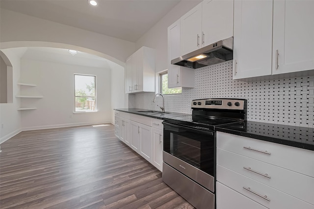 kitchen with under cabinet range hood, a sink, stainless steel electric stove, and dark countertops