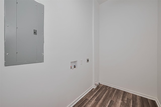 laundry room featuring laundry area, dark wood finished floors, electric panel, hookup for an electric dryer, and washer hookup