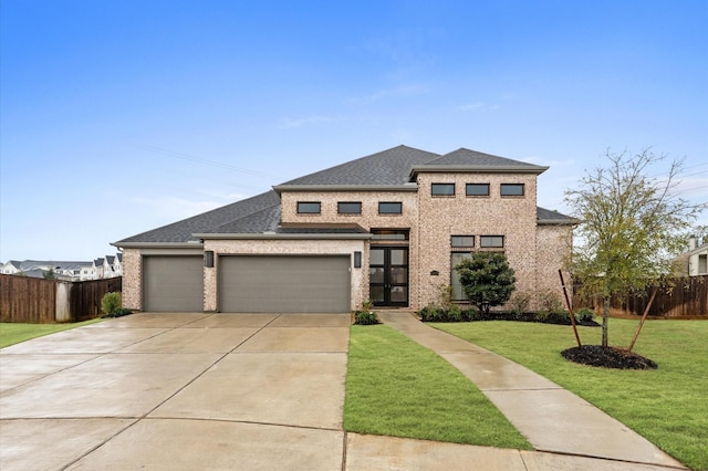 prairie-style house featuring a garage, driveway, fence, a front yard, and brick siding