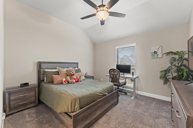 carpeted bedroom featuring lofted ceiling, ceiling fan, and baseboards