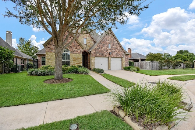 view of front facade with concrete driveway, an attached garage, fence, a front lawn, and brick siding