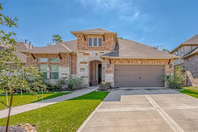 view of front of home featuring a shingled roof, an attached garage, a front yard, stone siding, and driveway