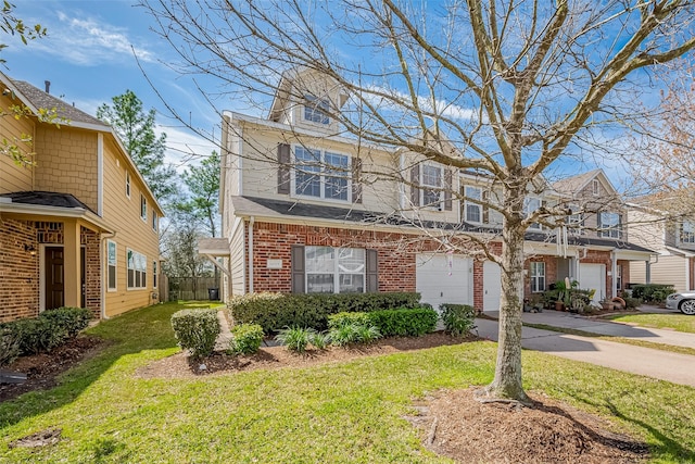 view of front facade featuring brick siding, concrete driveway, fence, a garage, and a front lawn