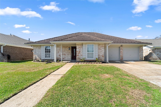 view of front facade featuring an attached garage, a front lawn, concrete driveway, and brick siding