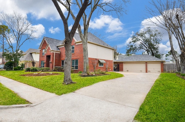 traditional-style house featuring a garage, a front yard, fence, and brick siding