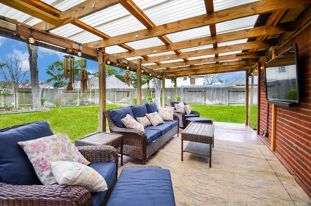 view of patio featuring a fenced backyard and an outdoor hangout area