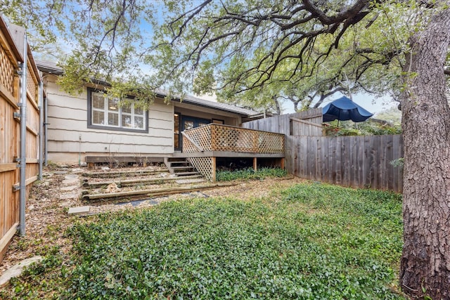 exterior space featuring a fenced backyard and a deck