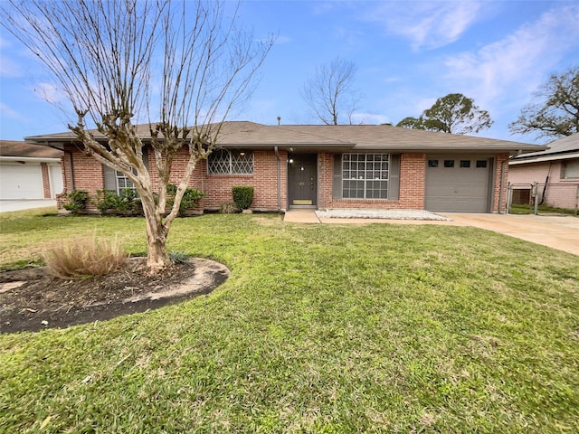 ranch-style house featuring a garage, concrete driveway, brick siding, and a front lawn