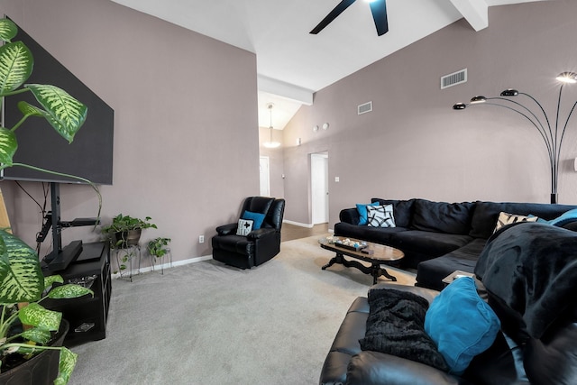 living room with carpet, beam ceiling, visible vents, and baseboards