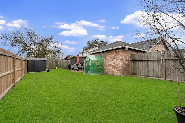 view of yard featuring an outbuilding and a fenced backyard