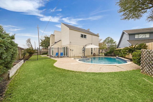 view of pool with a yard, a patio, a fenced backyard, and a fenced in pool