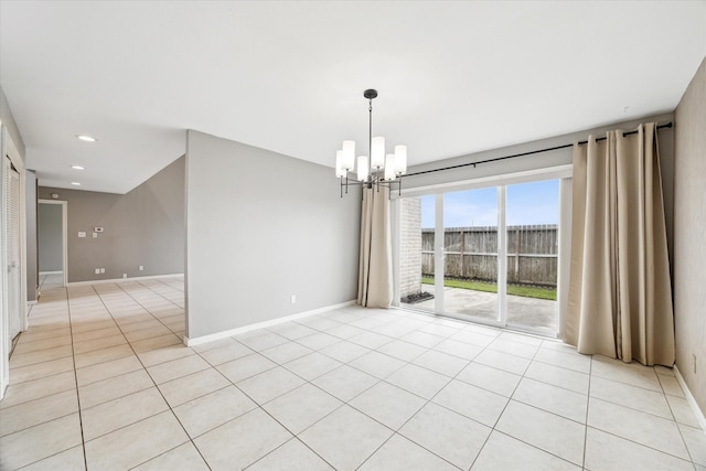 empty room featuring a chandelier, light tile patterned floors, recessed lighting, and baseboards