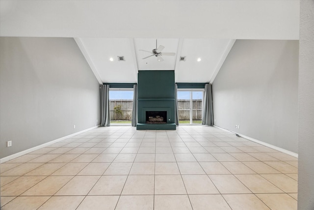 unfurnished living room featuring a large fireplace, baseboards, visible vents, a ceiling fan, and beamed ceiling