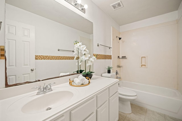 bathroom with shower / bath combination, visible vents, toilet, tile patterned flooring, and vanity