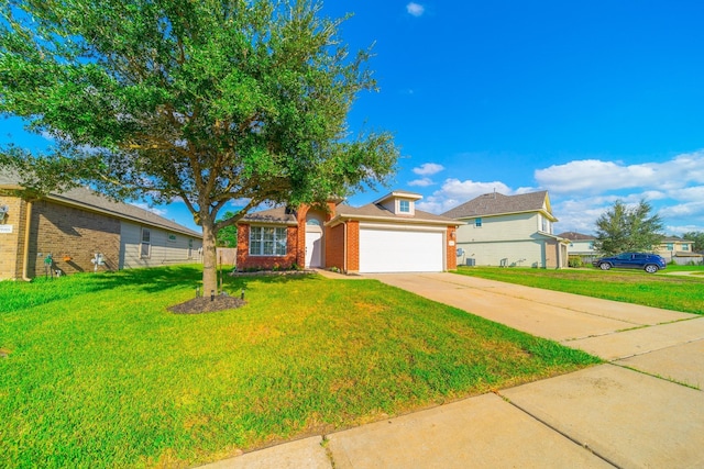 single story home with a garage, concrete driveway, brick siding, and a front lawn