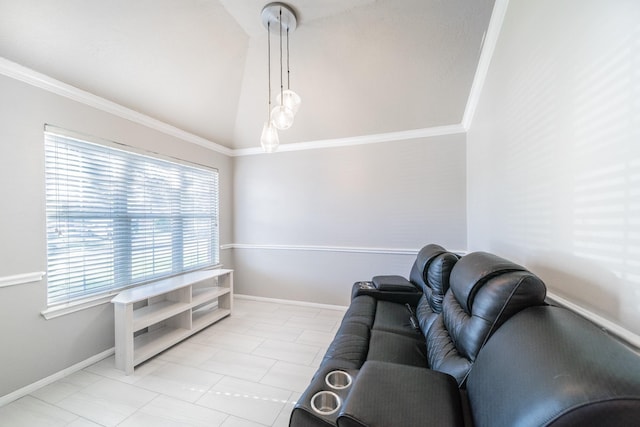 living area featuring baseboards, ornamental molding, and vaulted ceiling