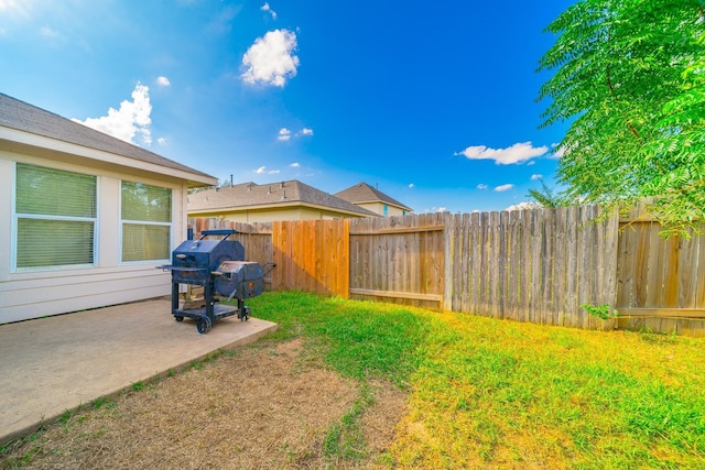 view of yard featuring a patio area and a fenced backyard